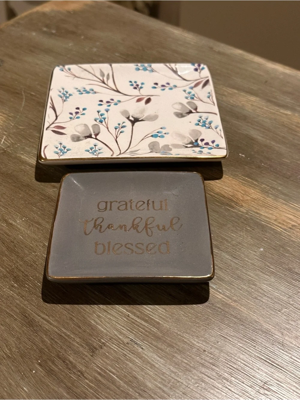 Grateful Thankful Blessed Decorative Trinket Dish - Gray & White